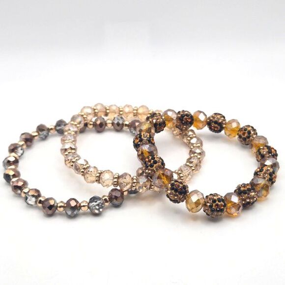 Set of Three Handmade Gold Tone and Brown Faceted Glass Beaded Stretch Bracelets - Picture 1 of 5
